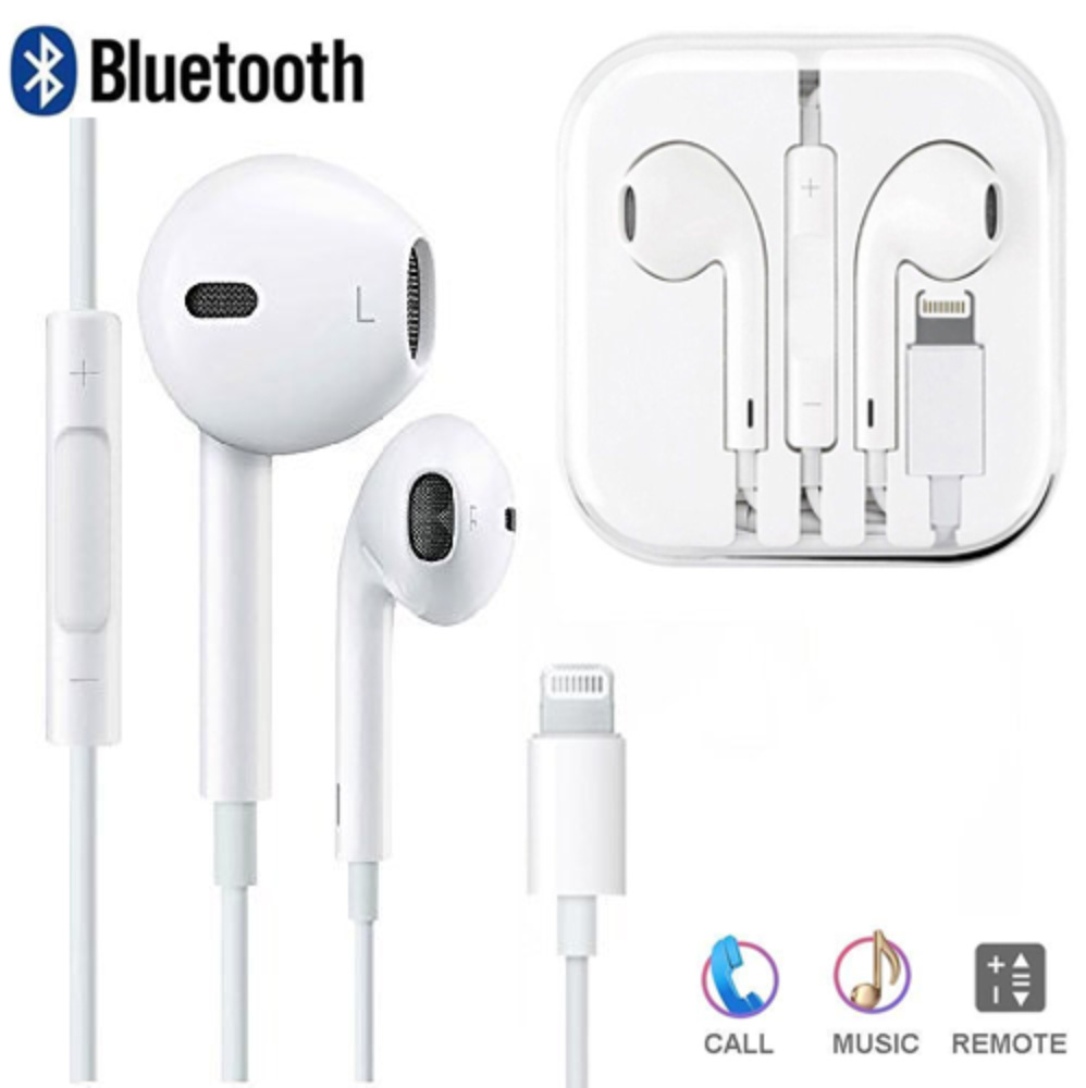 Bluetooth WIRED Lightning EARBUDS for Apple iPhone (White)